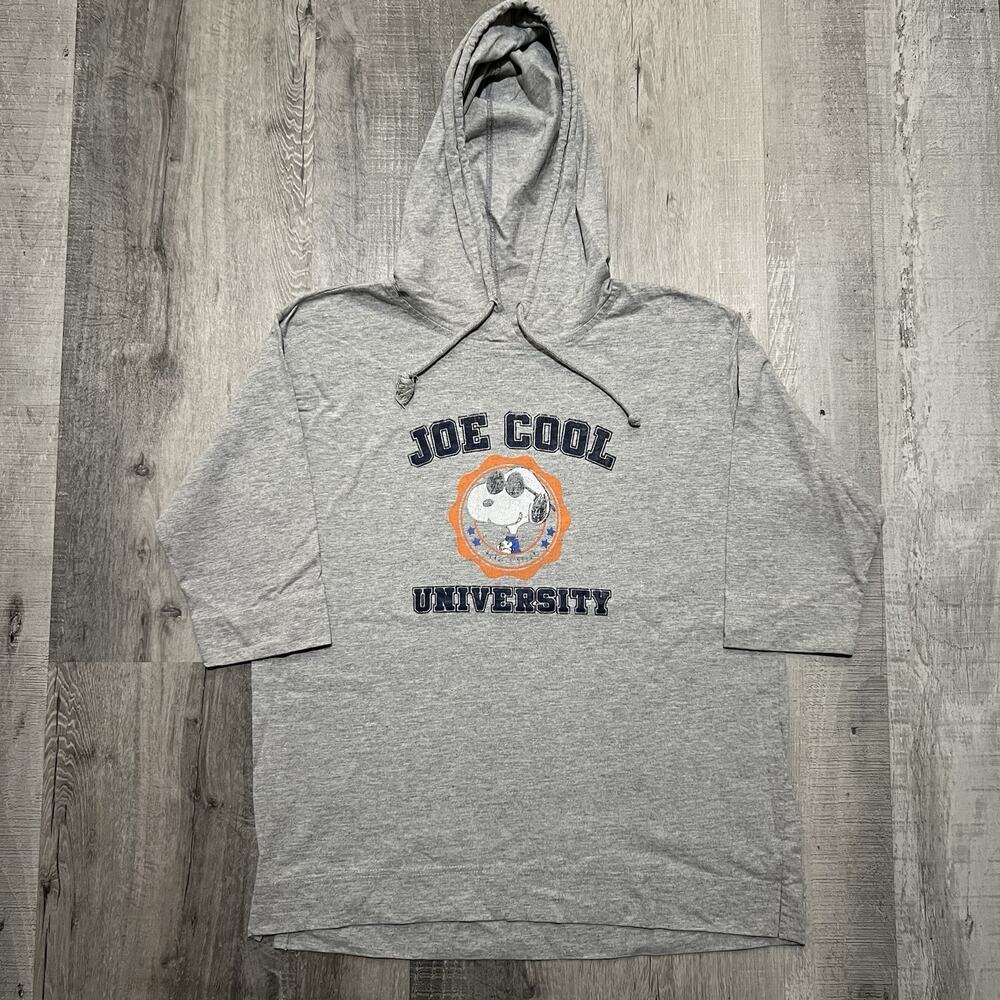 VTG Peanuts Joe Cool University Hooded 3/4 Sleeve Shirt Grey Pull Over Schulz M